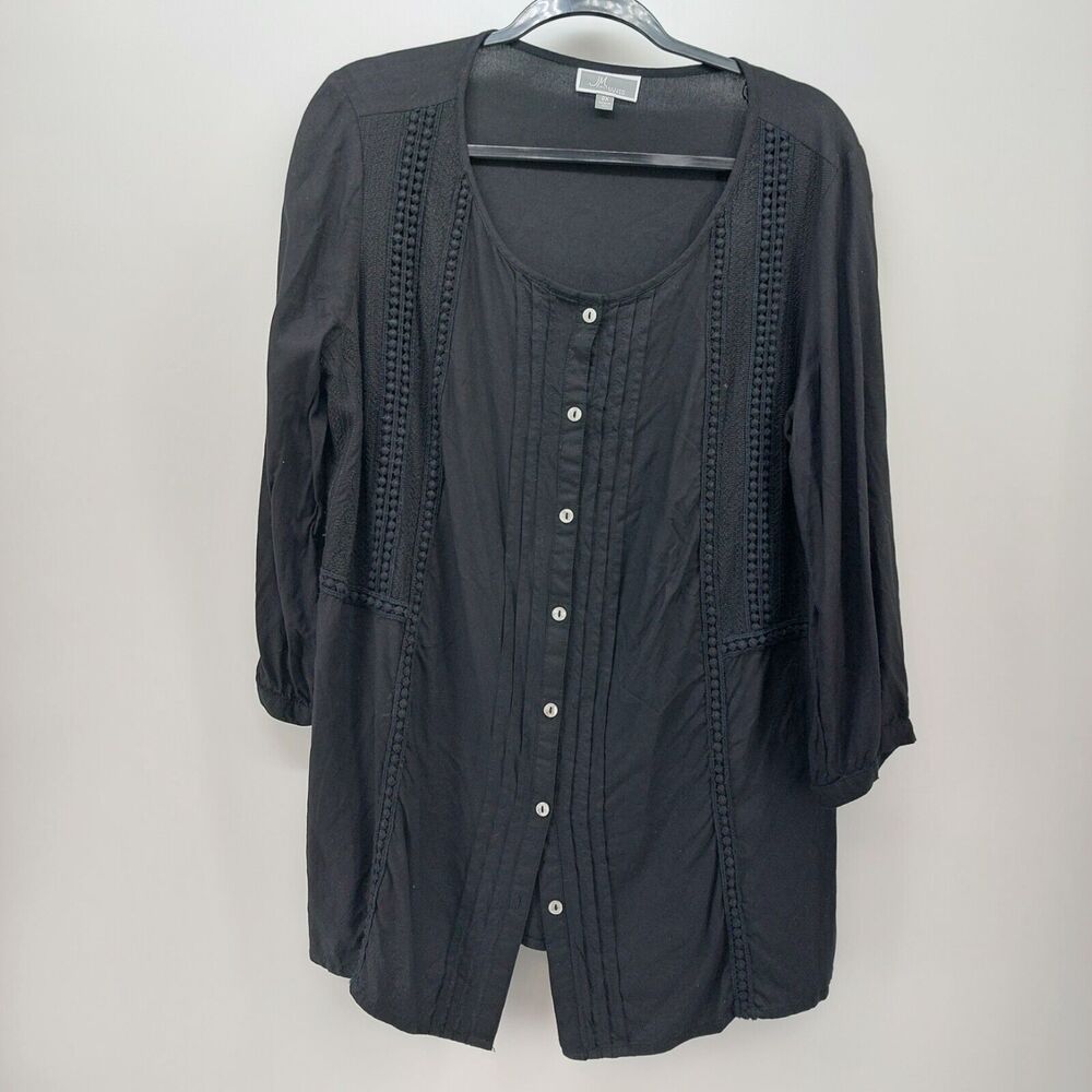 JM Collection Womens Black 3/4 Sleeve Blouse Pleated Button Down Size 0X